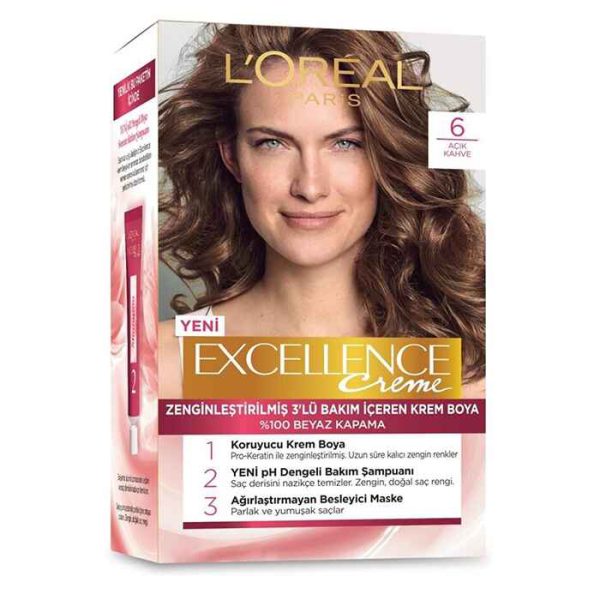 کیت رنگ مو لورآل سری Excellence Cream شماره 6 رنگ قهوه ای روشن